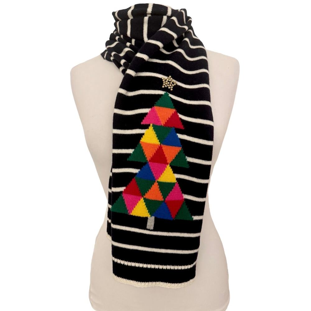 Talbots Wool Blend Navy White Abstract Striped Long Christmas Tree Holiday Scarf